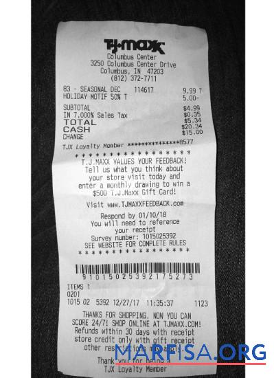 Realistic USA TJ Maxx store payment receipt real example